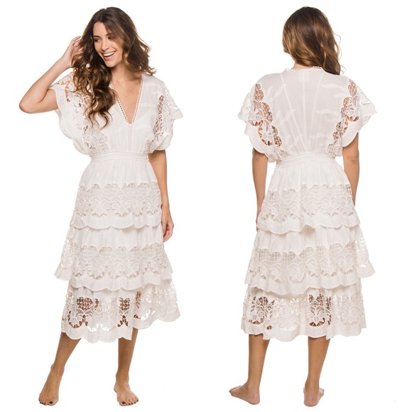 FARM Rio | Dresses | Farm Rio Offwhite Richelieu Tiered Midi Lace Dress | Poshmark